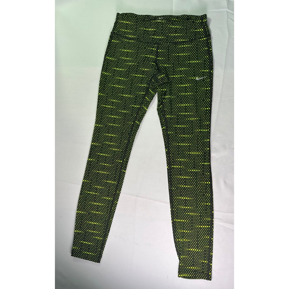 Nike Dri-FIT Racer Flash Running Leggings Women's‎ Size S Black Neon Yellow Dots